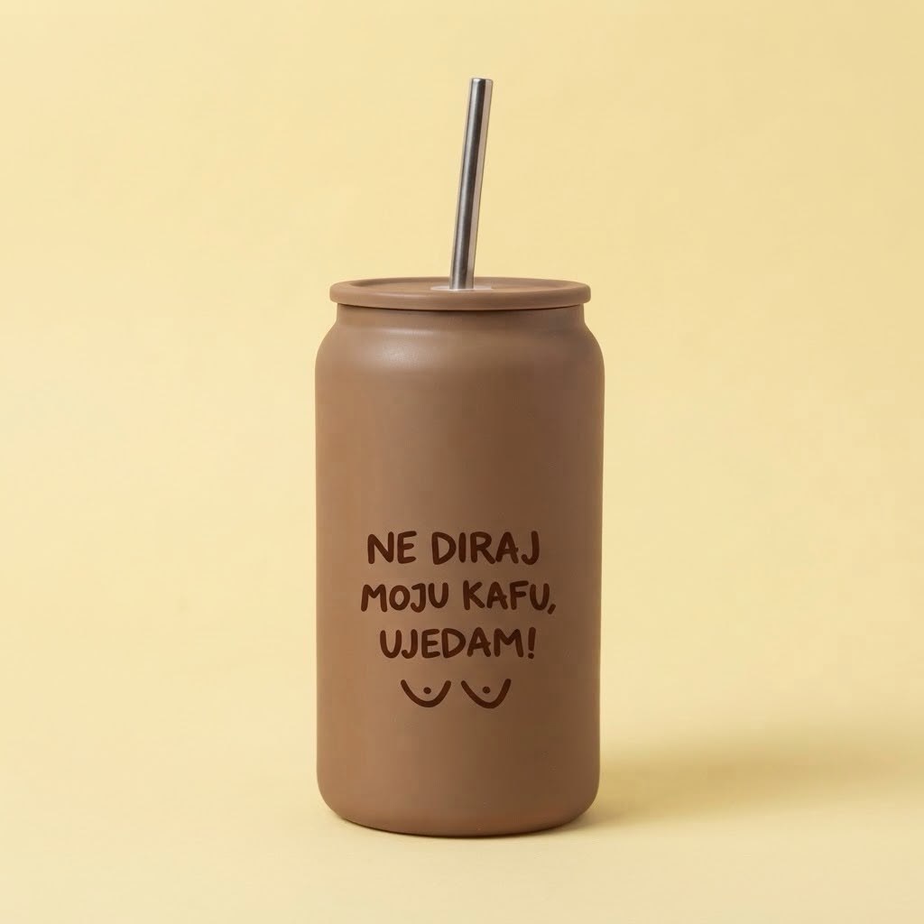 Braon termo tumbler sa slamčicom i natpisom Ne diraj moju kafu ujedam